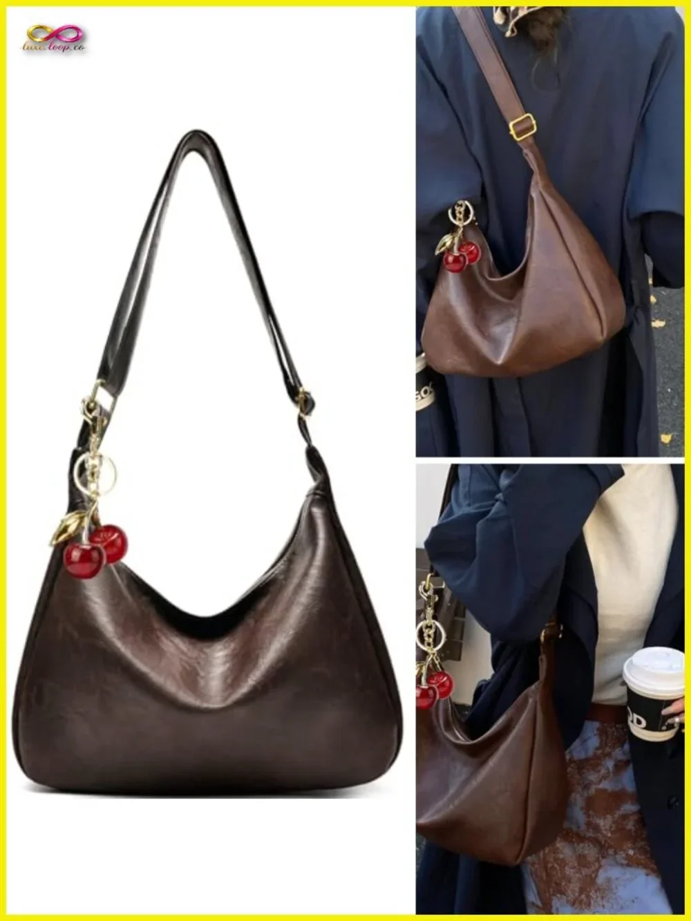 Foldable Slouchy Hobo Bag with Crossbody Strap Faux Leather